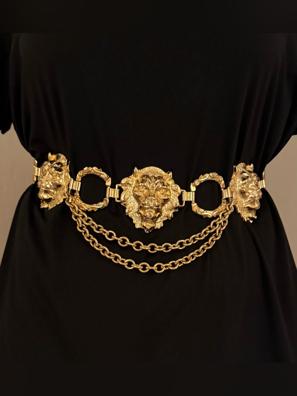 Streets Ahead Black Leather Belt with Gold Medallion Chain Accents
